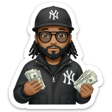 African American man with shoulder length black dreadlocks with black beard wearing black sunglasses wearing a black New York Yankees logo baseball Cap wearing a black bubble winter coat spreading money sticker