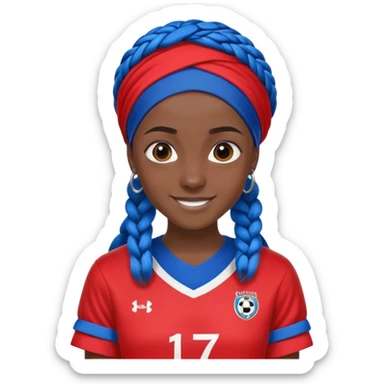 "- Nam
- 17 tuổi
- Da nâu
- Tóc tết lọn châu phi, nhuộm xanh nước biển, đội khăn
- Cười mỉm, mắt to
- Mặc áo bóng đá màu đỏ sticker