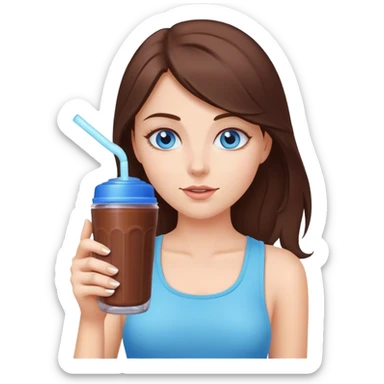 White girl brunette blue eyes drinking chocolate shake healthy In a shaker bottle sticker