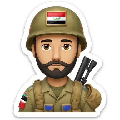 A very tired and sad, swarthy Iraqi soldier with a beard, an Iraqi flag on his helmet, a sad expression and bags under his eyes sticker