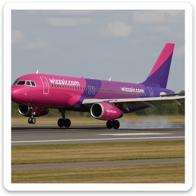 Wizz Air Airbus A320, landing, pink and purple livery, runway visible sticker