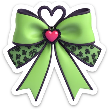 green gothic bow with black lace trim and heart charm, remove background sticker
