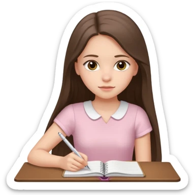 white brunette teen long hair with hazel eyes in a light pink dress writing in a notebook sticker