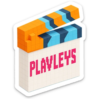 voxel style movie clapperboard with the text 'PLAVLEYS', orange lid, white body, isometric view sticker