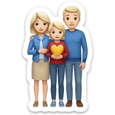 white family emoji: mother and father standing on each side of their child in the center, all smiling, warm expression, casual modern clothes sticker