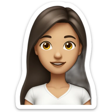 A girl with long dark brown hair, wearing a white shir, with brown eyes and slightly tanned sticker