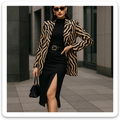 a fashionable girl with thin eyebrows, straight dark hair, prominent lips, and a curvy silhouette, dressed in trendy high-fashion attire sticker