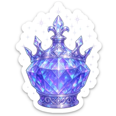 crown-shaped ultra luxurious elixir bottle, color #7986cb, multi-layered holographic and silver details, intricate crystal facets, magical radiant glowing and sparkling effects, seamless ornate bottom, very small neck, transparent background, floating clearly in air, not standing, no base or shadow, modern, extremely beautiful, matching a collection sticker