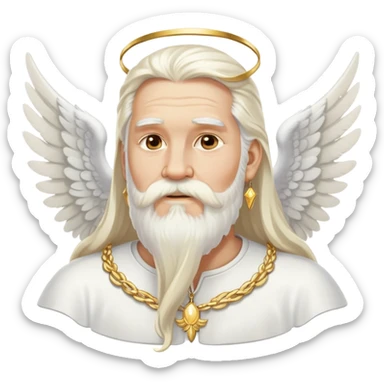 God, man with long white hair, beard and white mustache, white angel wings on his back, gold earrings hanging from ears sticker