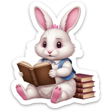 White rabbit sitting horizontally in a natural position on 4 legs, without a book.  There are 3 books nearby. books lie on top of each other  in brown tones

 sticker