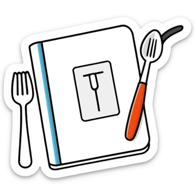 Closed cookbook with a fork and spoon symbol on the cover – collection of recipes sticker