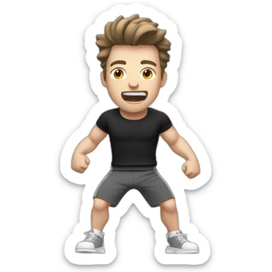 amazed Open with surprise mouth Pale skinned Fit Man With the biceps and dark brown hair in black shirt, gray sports shorts and white Sneakers sticker