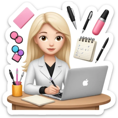 CREATE ME A BEAUTY STUDENT LEARNING A COURSE ON A LAPTOP, ADD BEAUTY TOOLS AROUND, AND NOTES sticker