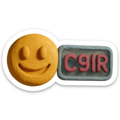 claymation style emoji with 'c9r' text, tactile playful tech badge sticker