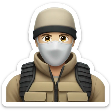 White male, face mask, tan tactical gear, combat boots, black beanie, blue eyes sticker