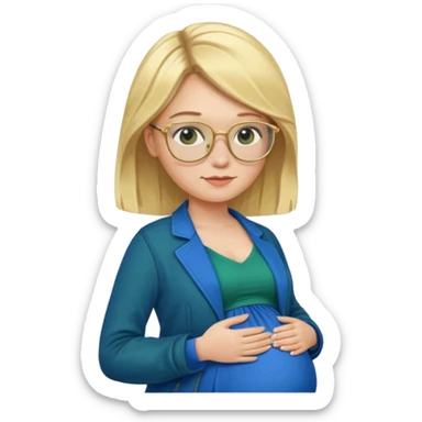 pregnant blonde 18-year old with golden glasses in a bright blue dress and a dark green jacket on top of the blue dress sticker