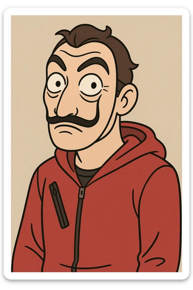 a man with a La Casa de Papel mask, cartoon style sticker