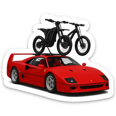 Make the two Sur-Ron electric bikes on the roof rack much smaller, to proper scale—significantly smaller than the Ferrari F40, as they would be in real life. Keep the background transparent. sticker