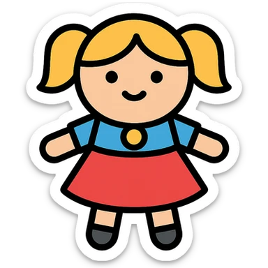 boneca, cute doll, lineal color icon with black outlines, detailed, colorful, supports text but no text included sticker