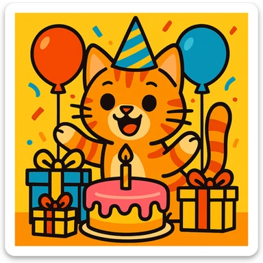 a ginger tabby kitten celebrating its birthday, wearing a birthday hat, surrounded by a birthday cake, balloons, gifts, and looking happy sticker