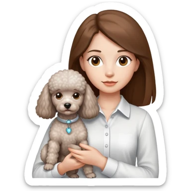 A girl with long straight hair and a white shirt is holding a small light gray poodle sticker