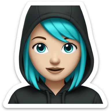 White girl, black hoodie, teal purple hair, black beanie hat, blue eyes sticker