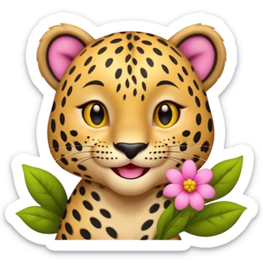 A leopard with big smile. A pink flower with a yellow center is tucked behind its right ear
 sticker