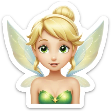 Cinematic Realistic Blonde Tinker Bell Fairy Portrait, head tilted playfully and inquisitively, showcasing a delicate pixie form with finely detailed, golden blonde hair and softly glowing, translucent wings that catch the light with a cascade of fairy dust. Her bright, curious eyes sparkle with mischief and wonder, rendered with lifelike clarity and warm, gentle lighting that captures the essence of a spirited, charming fairy ready to flutter playfully into your heart. sticker