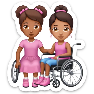 One tan skin sister standing behind her brown skin sister in a pink wheelchair sticker