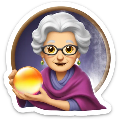 Wise Old Lady Fortune teller with crystal ball looking into the camera smiling sticker