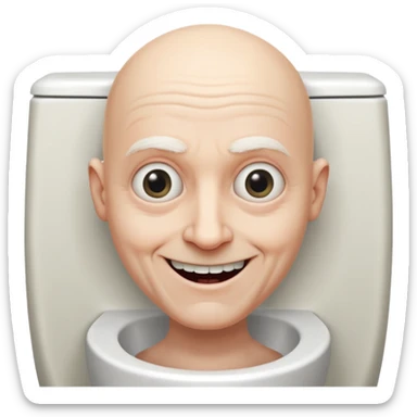 A bald person who’s very old is staring, he’s inside a toilet and his head is upright and looking at the camera with very wide eyes and a massive smile, in a very creepy way. sticker
