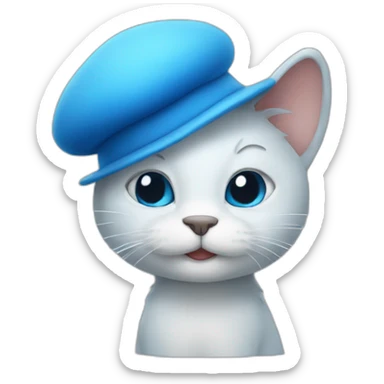 A blue cat that looks like a smurf with a white mushroom hat sticker