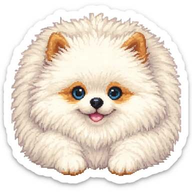 Make the white Pomeranian much fluffier and cuter in pixel art style, with no background. Preserve the pixel art aesthetic and enhance fluffiness and cuteness. sticker