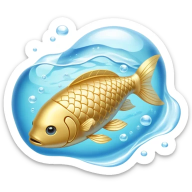 Golden capsule floating in a soft blue liquid current, with a translucent fish swimming around a luminous suspended brain. Small waves of light emanating from the brain as if expanding calm, focus and mental fluidity. Ethereal appearance with flowing elements. sticker