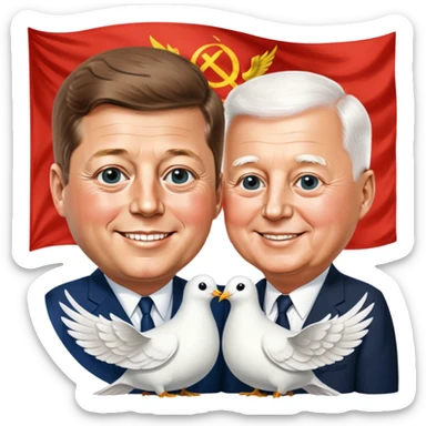 John F. Kennedy and Mikhail Gorbachev side by side, smiling, friendly diplomatic atmosphere, small peace symbol and doves, US and USSR flags as accents sticker
