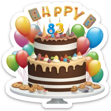 Put Happy 83rd Birthday! In the background With cake,balloons, wine glasses,cookies, ice cream sticker