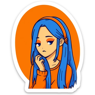 Beautiful woman, long straight blue hair, fully made up, sad sticker