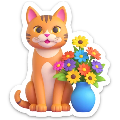 A 3D cheerful cat sitting next to a vase filled with colorful flowers, with the text "Have a Beautiful Day" in the style of the reference image. The image should convey happiness and positivity. sticker