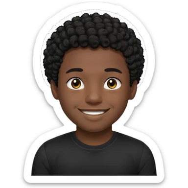 Generate a emoji of a black boy with dark skin, wearing a black compressed T-shirt, with short and very curly black hair sticker