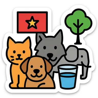 cat, dog, wolf, Vietnam flag, tree, elephant, and a glass all together in lineal color icon with black outlines style sticker