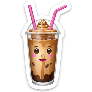 caramel iced coffee in clear cup with pink straw sticker