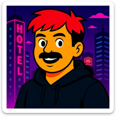 Make the face slightly less round, reduce the mustache a bit, and add a black hoodie. Keep the vibrant toon style, neon city background, and all original colors and lighting. sticker