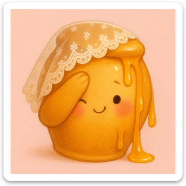 shy honeypot peeking from behind its arm, lace veil, rosy cheeks, gentle smile, honey drips gently, blush pink background sticker