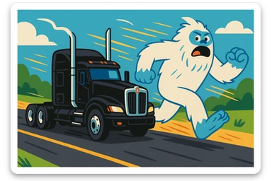 A black 2026 Kenworth W680 flat top semi sleeper with stacks, in pursuit of a large white abominable snowman running down a road, cartoon style, energetic, no text sticker