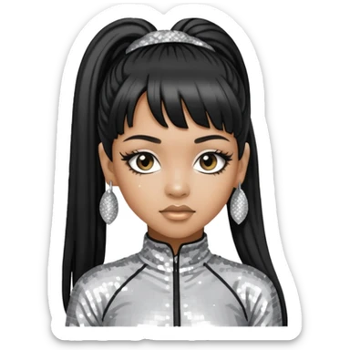 Left Eye from TLC with long black ponytail hair, silver sequin outfit sticker