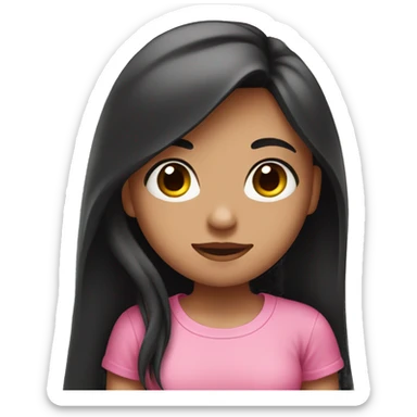 girl with fair skin and black long hair wearing pink t-shirt with cross in her heart sticker