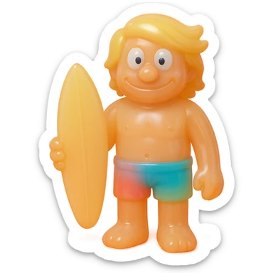 full-body surfer bro, retro 90's toy style, very transparent and slightly see-through, natural tan skin, blonde hair, colorful shorts, derpy eyes, soft plastic texture, soft reflections, soft and squishy, some cloudiness, not shiny, highly detailed, appealing, no tag, no background, match style and proportions of provided pirate reference sticker