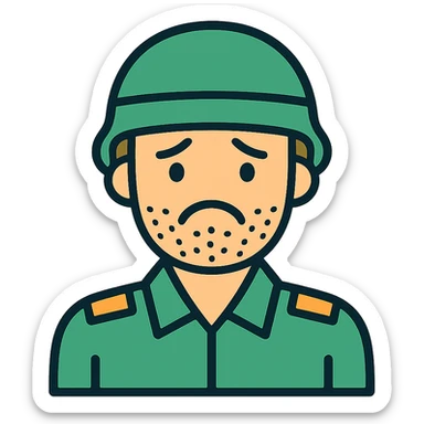 A white man with stubble in a soldier's uniform and a sad face sticker