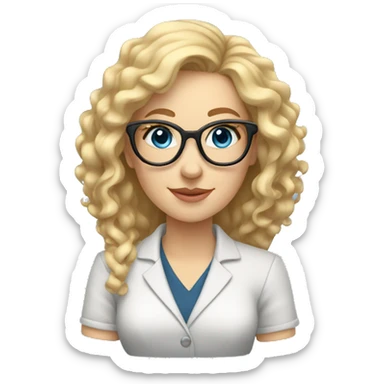 Woman teacher blonde long curly hair glasses blue eyes holding a tiny bridge structure sticker