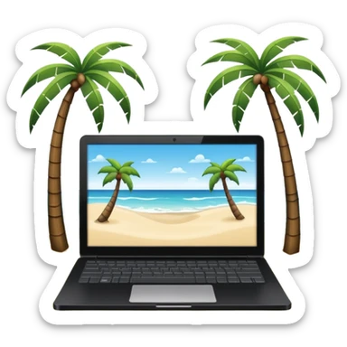 An open laptop on the beach. bildschirm ist schwarz und im hintergrund sind palmen, meer sticker
